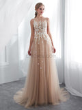 Tulle Applique A-line Long Prom Dresses SDP1153