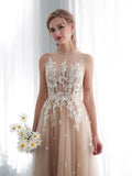 Tulle Applique A-line Long Prom Dresses SDP1153