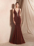 Sparkly Deep V Neck Sleeveless Mermaid Long Evening Prom Dresses, XDM1128