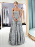 A-line Silver Straight Neckline Long Prom Dresses SDP1155