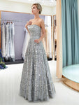 A-line Silver Straight Neckline Long Prom Dresses SDP1155