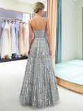 A-line Silver Straight Neckline Long Prom Dresses SDP1155