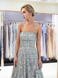 A-line Silver Straight Neckline Long Prom Dresses SDP1155