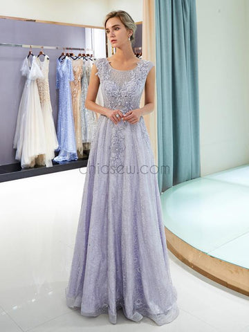 A-line Applique Lace Beaded Long Prom Dresses SDP1156