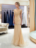 Cap Sleeves Mermaid Beaded Long Prom Dresses SDP1157