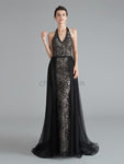 Unique Black Halter Backless A Line Tulle Long Evening Prom Dresses, XDM1180