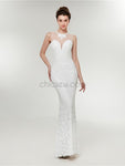 Pretty Round Neck White Lace Open Back Mermaid Long Prom Dresses, XDM1137