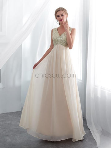 Elegant V Back Sequin Chiffon A Line Long Evening Prom Dresses XDM1143