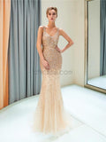 Sparkly V Neck Sleeveless Beades Mermaid Long Evening Prom Dresses, XDM1148