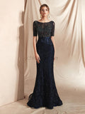 Pretty Half Sleeves Lace With Beading Mermaid Long Prom Dresses, XDM1127