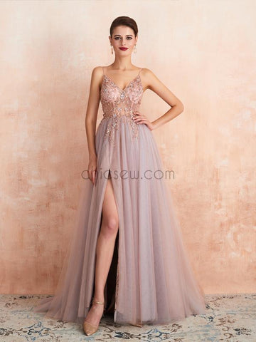 Simple Spaghetti Strap V Neck Tulle A Line Long Evening Prom Dresses, XDM1186