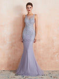 Gorgeous Round Neck Tulle Mermaid Beaded Long Evening Prom Dresses, XDM1184