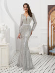 Sparkly Long Sleeves Silver Sequin Floor Length Mermaid Long Prom Dresses, XDM1135