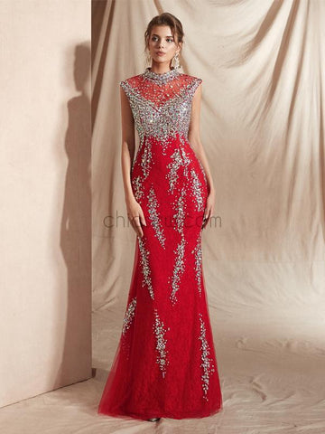 Gorgeous Cap Sleeeves Red Lace Mermaid Long Evening Prom Dresses ,XDM1126