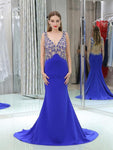 Elegant Blue Backless Beaded Mermaid Long Evening Prom Dresses ,XDM1171