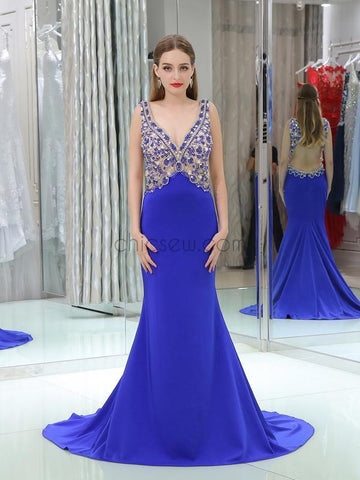 Elegant Blue Backless Beaded Mermaid Long Evening Prom Dresses ,XDM1171