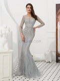 Sparkly Round Neck Long Sleeves Sequin Mermaid Long Prom Dresses, XDM1133