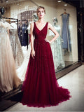 Burgundy V Neck Tulle A Line Beaded Long Evening Prom Dresses ,XDM1150