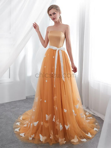 Elegant Strapless Pastel Orange Tulle A Line Long Evening Prom Dresses, XDM1140