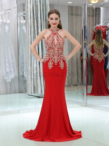 Elegant Halter Red Lace Applique Mermaid Beaded Long Evening Prom Dresses, XDM1168