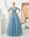 Elegant V Neck Half Sleeves Tulle A Line Long Evening Prom Dresses, XDM1189