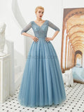 Elegant V Neck Half Sleeves Tulle A Line Long Evening Prom Dresses, XDM1189