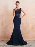 Royal Blue Lace Applique Open Back Mermaid Long Evening Prom Dresses ,XDM1191