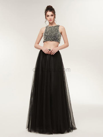 Unique Two Pieces Black Open Back Beaded A Line Long Evening Prom Dresses , XDM1177