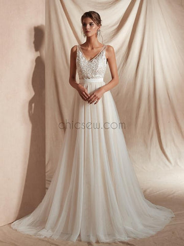 A line Tulle Lace V-neck Long Wedding Dresses SDP1137