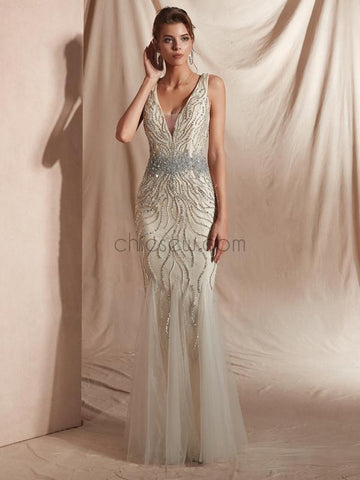 V-neck Mermaid Beaded Long Prom Dresses SDP1138