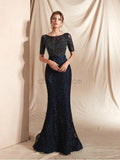 Pretty Half Sleeves Lace With Beading Mermaid Long Prom Dresses, XDM1127