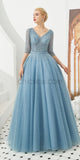 Elegant V Neck Half Sleeves Tulle A Line Long Evening Prom Dresses, XDM1189