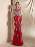 Gorgeous Cap Sleeeves Red Lace Mermaid Long Evening Prom Dresses ,XDM1126