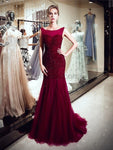 Gorgeous Burgundy Tulle Mermaid Beaded Long Evening Prom Dresses XDM1151