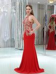 Elegant Halter Red Lace Applique Mermaid Beaded Long Evening Prom Dresses, XDM1168