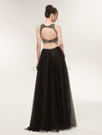 Unique Two Pieces Black Open Back Beaded A Line Long Evening Prom Dresses , XDM1177