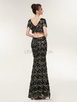 Charming Black Two Pieces V Neck Sequin Mermaid Long Evening Prom Dresses ,XDM1179