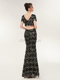 Charming Black Two Pieces V Neck Sequin Mermaid Long Evening Prom Dresses ,XDM1179