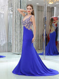 Elegant Blue Backless Beaded Mermaid Long Evening Prom Dresses ,XDM1171