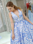 Simple Printed Satin A Line With Trailing Long Evening Prom Dresses , XDM1170