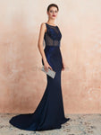 Royal Blue Lace Applique Open Back Mermaid Long Evening Prom Dresses ,XDM1191