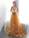 Elegant Strapless Pastel Orange Tulle A Line Long Evening Prom Dresses, XDM1140