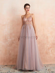 Simple Spaghetti Strap V Neck Tulle A Line Long Evening Prom Dresses, XDM1186