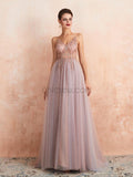 Simple Spaghetti Strap V Neck Tulle A Line Long Evening Prom Dresses, XDM1186