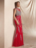 Gorgeous Cap Sleeeves Red Lace Mermaid Long Evening Prom Dresses ,XDM1126