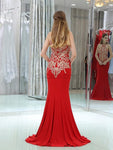 Elegant Halter Red Lace Applique Mermaid Beaded Long Evening Prom Dresses, XDM1168