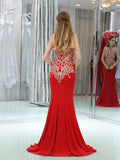 Elegant Halter Red Lace Applique Mermaid Beaded Long Evening Prom Dresses, XDM1168