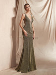 Sparkly Deep V Neck Sleeveless Mermaid Long Evening Prom Dresses, XDM1128