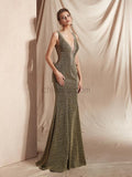 Sparkly Deep V Neck Sleeveless Mermaid Long Evening Prom Dresses, XDM1128