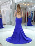 Elegant Blue Backless Beaded Mermaid Long Evening Prom Dresses ,XDM1171